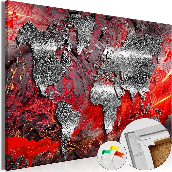 Artgeist Pinboard World Map 35x24 in - Cork Board & Canvas Print Wall Art 1 pcs Memoboard with 50 Pins Noticeboard Message Board Image Picture Home Decor Travel Map k-A-0505-p-c