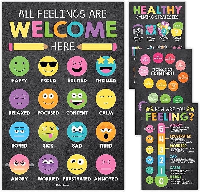 Hadley Designs Feelings Chart For Kids Ages 4-8- Emotions Chart For Toddlers 3-5, Counseling Feelings Posters For Classroom Calming Corner, Social Emotional Learning Poster, Chalkboard Classroom Decor