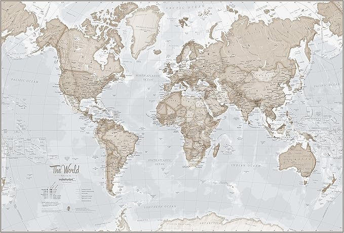 Maps International - Giant World Map Mural - Mega-Map Of The World Wallpaper - 91 x 62 - Neutral Colors