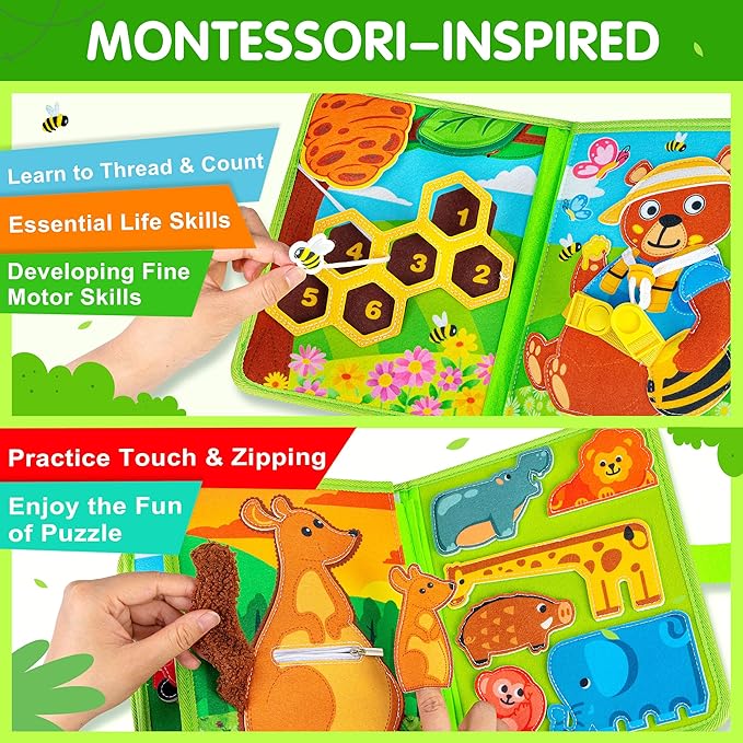 Quanquer Animal Busy Book for Toddlers 1-3 - Montessori Sensory Felt Activity Book for 1 Year Old Boys and Girls, Educational Travel Toy for Airplane Car, Christmas Birthday Gifts for Toddlers