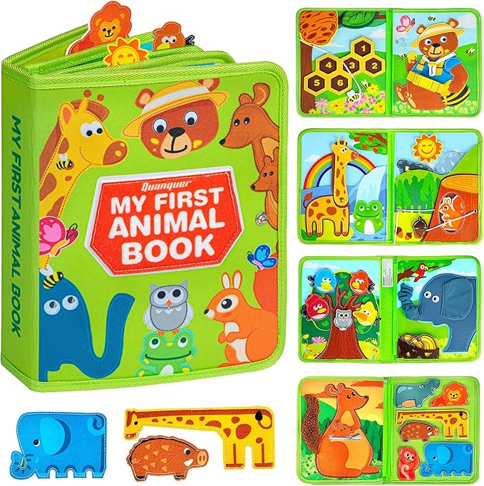 Quanquer Animal Busy Book for Toddlers 1-3 - Montessori Sensory Felt Activity Book for 1 Year Old Boys and Girls, Educational Travel Toy for Airplane Car, Christmas Birthday Gifts for Toddlers
