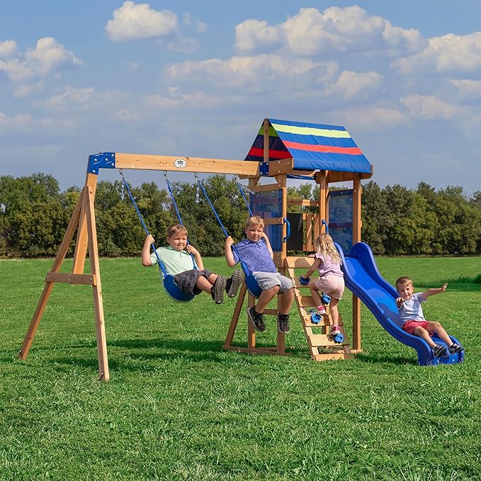 Backyard Discovery Bay Pointe Cedar Wood Swing Set with Wave Slide, Play Deck, Rock Wall Ladder, Belt Swings, Chalkboard, Canopy Roof, Outdoor Playset