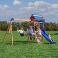 Backyard Discovery Bay Pointe Cedar Wood Swing Set with Wave Slide, Play Deck, Rock Wall Ladder, Belt Swings, Chalkboard, Canopy Roof, Outdoor Playset