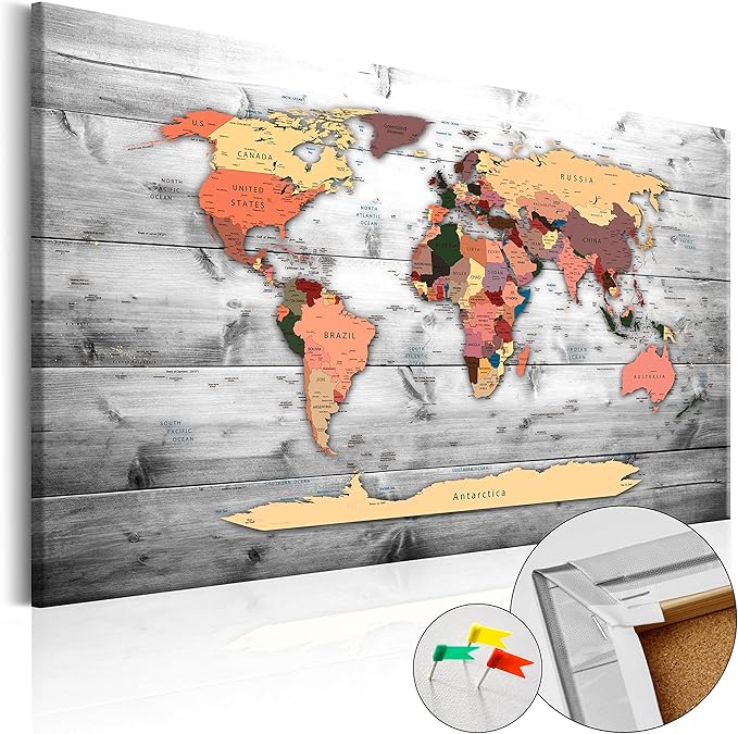 artgeist Pinboard World Map 35x24 in - Cork Board & Canvas Print Wall Art 1 pcs Memoboard with 50 Pins Noticeboard Message Board Image Picture Home Decor Travel Map k-B-0009-p-c