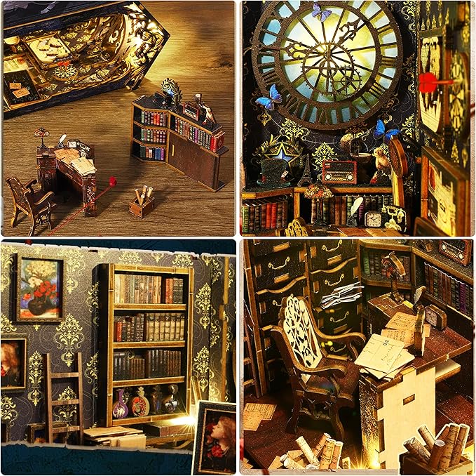 ISSEVE DIY Book Nook Kit, 3D Wooden Puzzle DIY Miniature House Kit for Booknook Shelf Insert Decoration, Magic Book House Stand Bookshelf Dollhouse for Adults with Sensor Light (Detective Agency)