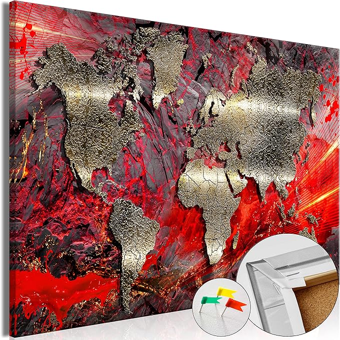 artgeist Pinboard World Map 35x24 in - Cork Board & Canvas Print Wall Art 1 pcs Memoboard with 50 Pins Noticeboard Message Board Image Picture Home Decor Travel Map k-A-0505-p-d
