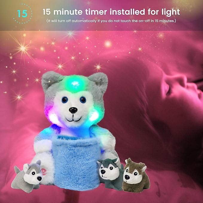 Hopearl LED Plush Husky with Removable Bucket Lighting Up Stuffed Mommy Dog with 3 Baby Puppies in Basket Floppy Stuffed Animal Playset Night Lights Glow in The Dark Birthday Gifts for Kids, 10''