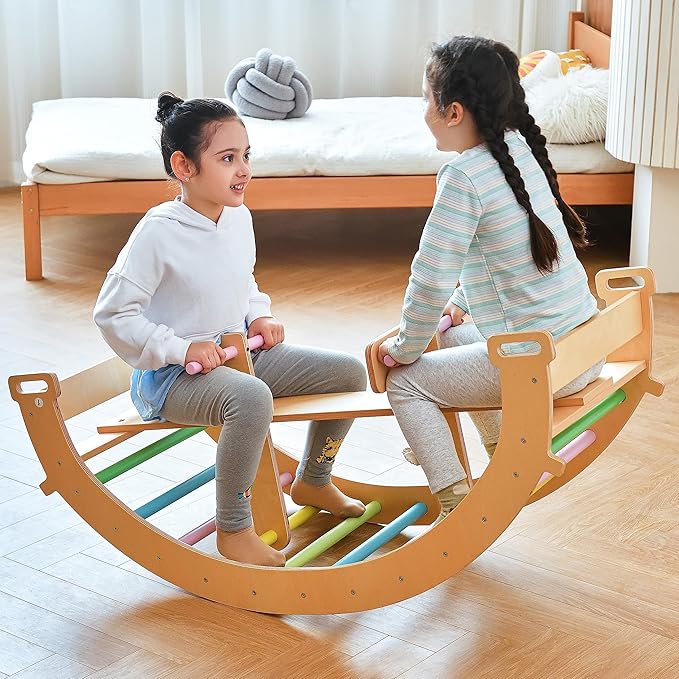Avenlur Bailis Ultimate 3-in-1 Playset for Kids - Seesaw, Climbing Arch and Rocker - Waldorf and Montessori Climbing Toy for Children 2-6 Years - Toddler Climbing Toys (Colored)