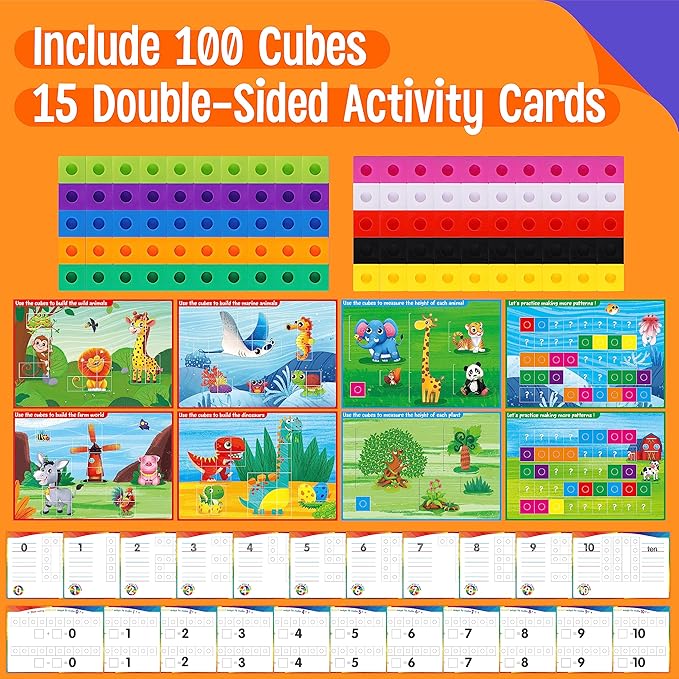 Math Linking Cubes, 100 Math Cube Manipulatives with 30 Learning Activities Number Counting Blocks Snap Linking Math Counters Fun & Educational Pre-K Counting Blocks for Preschool Kindergarten