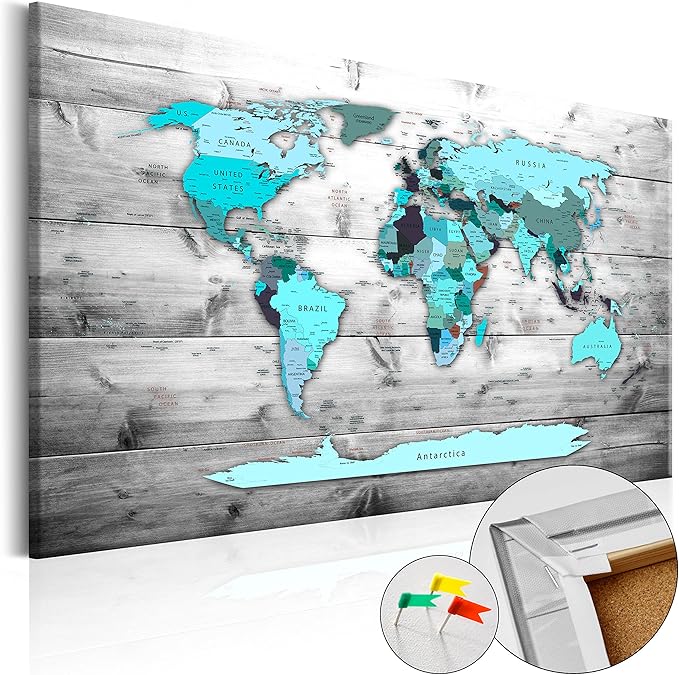 artgeist Pinboard World Map 35x24 in - Cork Board & Canvas Print Wall Art 1 pcs Memoboard with 50 Pins Noticeboard Message Board Image Picture Home Decor Travel Map k-B-0009-p-d