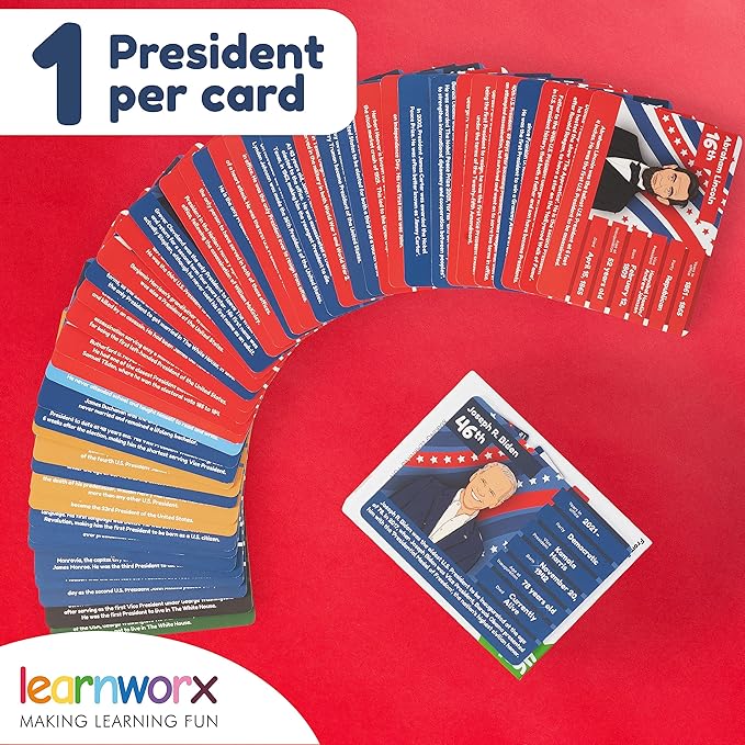 US Presidents for Kids Flash Cards –46 President Cards –Learn Presidents of The USA –Includes US Presidents Party & Vice President Facts -Gift - Ages 5,6,7,8,9,10