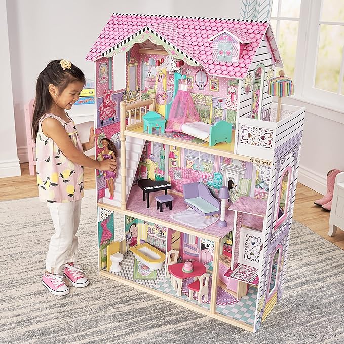 KidKraft Annabelle Wooden Dollhouse with Elevator, Balcony and 17 Accessories, Gift for Ages 3+