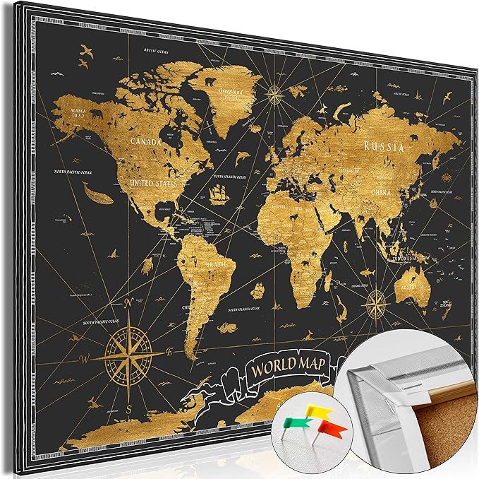 artgeist Pinboard World Map 35x24 in - Cork Board & Canvas Print Wall Art 1 pcs Memoboard with 50 Pins Noticeboard Message Board Image Picture Home Decor Travel Map Map of The World k-A-0490-p-a